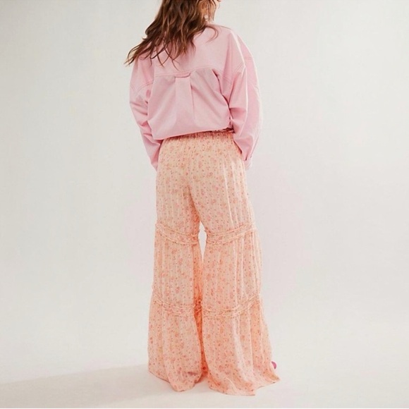 Free People Emmaline Tiered Wide Leg Pull On Pant Pink Size Small - Picture 3 of 10